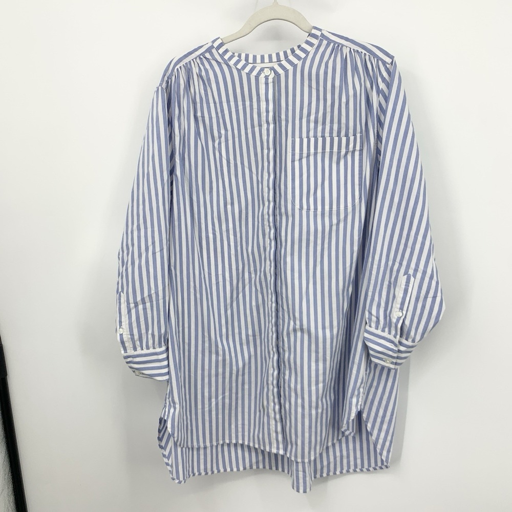 Lands End Women Size 1X 16W 18W‎ Shirt Blue White Striped Tunic Top Button Up